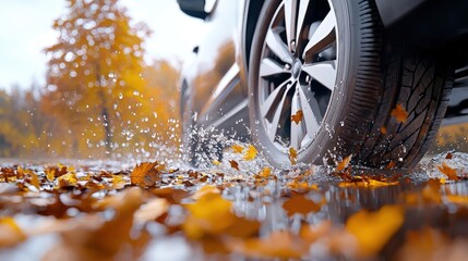 Autumn Drive Through Puddles Covered with Colorful Leaves