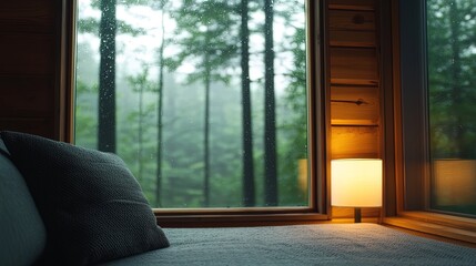 Fototapeta premium Cozy Cabin View with Rainy Forest Ambiance
