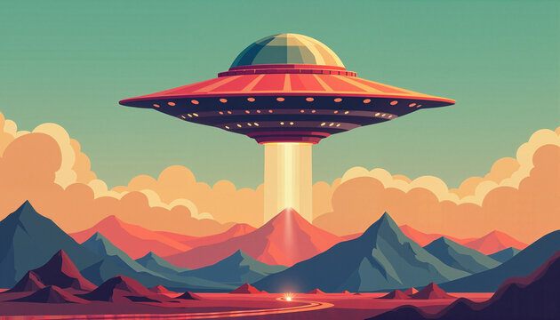 Retro-style poster of large UFO over mountain landscape