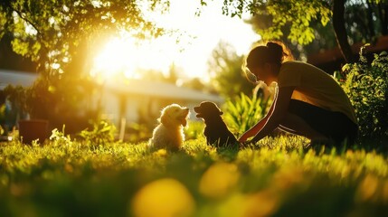 Mother and child playing with dog in backyard, vibrant colors, sunlit afternoon, dog family, joyful moments