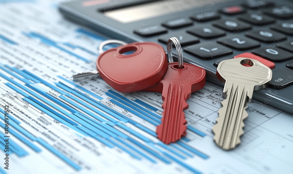 Poster Three keys with a calculator on a financial report.