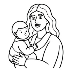 Line Art of Smiling Woman Holding Baby