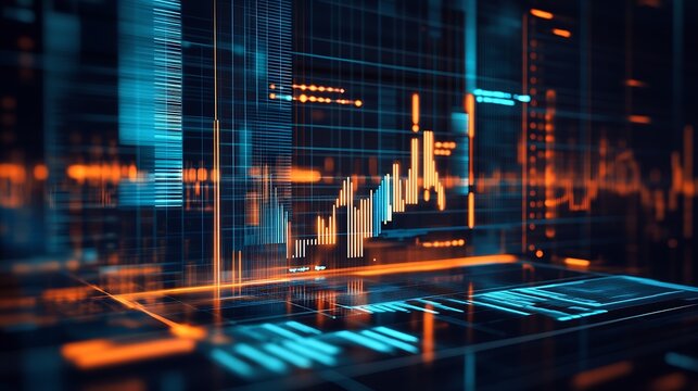 Abstract Financial Technology Interface with Dynamic Graphs and Modern Blue Orange Palette : Generative AI