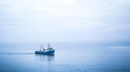 Obraz premium A fishing boat navigates calm waters under a cloudy sky.