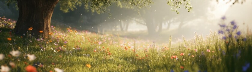 Fototapeta premium Softfocused dreamy meadow scene with wildflowers gently bathed in morning light and mist