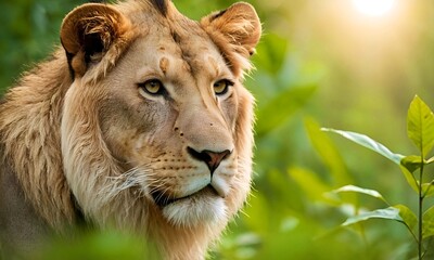 close-up of a lion against the backdrop of blooming green spring nature