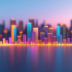 Obraz premium A vibrant city skyline at dusk, illuminated with neon colors reflecting on the water, creating a futuristic and energetic atmosphere.