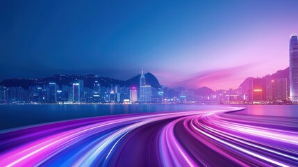 Vibrant Cityscape with Dynamic Light Trails at Dusk