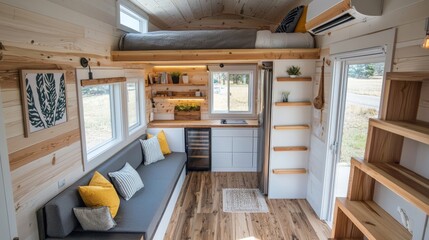 Efficient tiny house interior with multi-functional furniture and smart storage