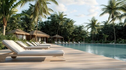 Fototapeta premium A serene poolside scene with loungers and tropical greenery.