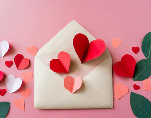 Sweet firefly love letter surrounded by colorful paper hearts on a pink background. Generative AI