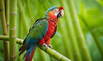 Portrait of a cute parrot. Close-up of a parrot resting on a bamboo perch against a backdrop of blooming jungle.