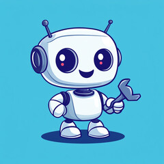 Fototapeta premium A cute robot holding an open wrench, in a simple flat style illustration logo design with a white background and blue color scheme.