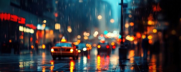 Fototapeta premium Rainy city night with blurred lights and reflections