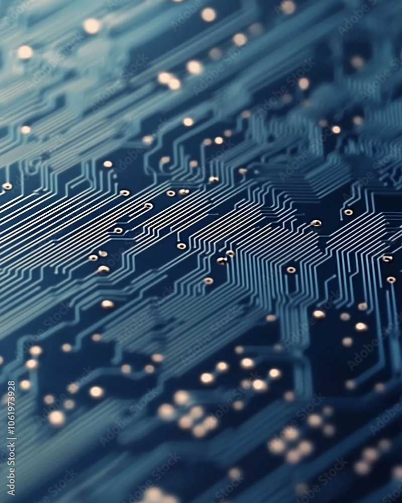 Poster A close-up view of a circuit board with intricate pathways and connections, showcasing the complexity of modern technology
