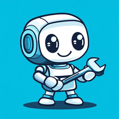 A cute robot holding an open wrench, in a simple flat style illustration logo design with a white background and blue color scheme.