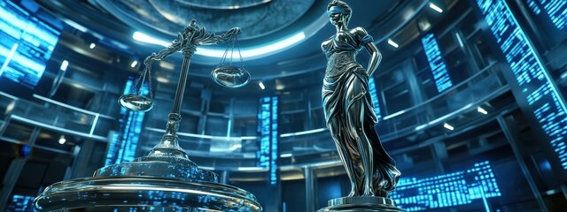 Futuristic courtroom with justice statue and digital displays