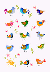 Set of cute cartoon birds and floral, flower and nature vector illustration. Colorful, baby animals theme design.