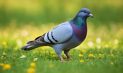 A single pigeon with gray feathers standing on lush green grass in a garden with a natural background