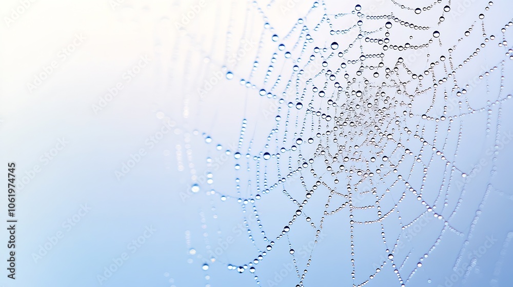 Poster exquisite dew on spider web forming symmetrical design against pale blue backdrop : generative ai