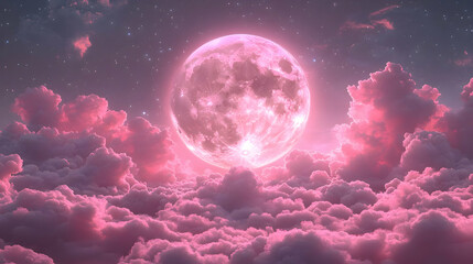 Obraz premium Pink Moon Night Sky Illustration