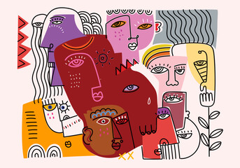 Abstract doodle face portrait people line art outline  colorful hand drawn vector illustration. Artistic art design for cover, decoration, poster, cards, wall art, print and background.