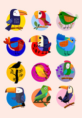 Set of cute cartoon birds and floral, flower and nature vector illustration. Colorful, baby animals theme design.