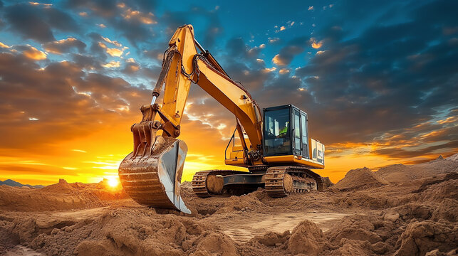 excavator at sunset, AI generated