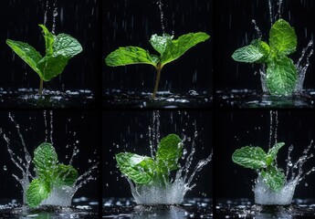 Fresh mint leaves with water splashes in dark background