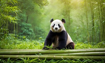 Portrait of a cute panda. Close-up of a panda relaxing against a blooming jungle backdrop