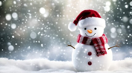 Fototapeta premium Festive Snowman with Santa Hat and Scarf in a Winter Wonderland : Generative AI
