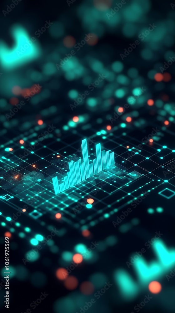 Poster Abstract technological data visualization with glowing neon graphs and digital elements : Generative AI
