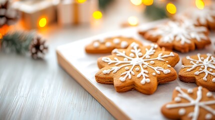 Close-up of Decorated Gingerbread Cookies with Snowflake Icing for Festive Celebrations : Generative AI