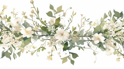 Watercolor floral frame of thin branches with white flowers and small green leaves, isolated on transparent background for postcards, banners