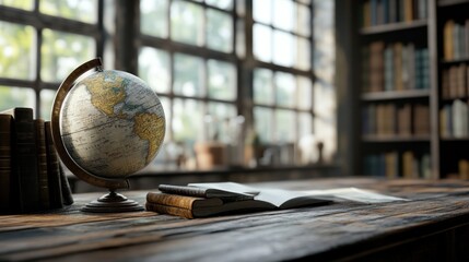 A cozy library scene featuring a globe, books, and sunlight filtering through windows.
