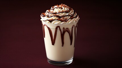 Eggnog topped with a cinnamon swirl and chocolate drizzle, isolated on a dark burgundy background