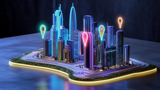 Abstract city model with illuminated geo-location pins, showcasing geofencing technology for urban logistics, smart security systems, and targeted marketing