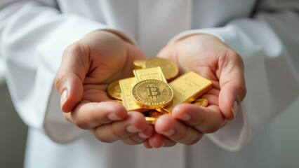 Person holding a handful of shiny gold Bitcoin coins and gold bars, symbolizing wealth, cryptocurrency investment, and digital currency value in a minimalist setting