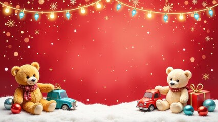Two teddy bears with small vintage toy cars, Christmas ornaments, and a gift box, set against a festive red background with lights and snowflakes, creating a holiday scene