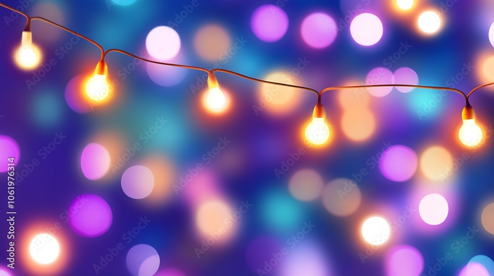 Fototapete colorful string lights with twinkling bokeh on vibrant purple and blue background : generative ai