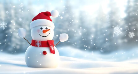 Obraz premium Adorable snowman with red accessories in snowy pine forest : Generative AI