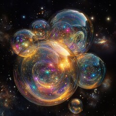 Colorful cosmic bubbles floating in a starry night sky