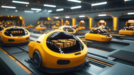Obraz premium Futuristic warehouse with automated delivery robots transporting packages.