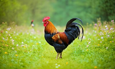 close up of rooster standing in flowering meadow at dawn with warm light creating serene and picturesque rural landscape