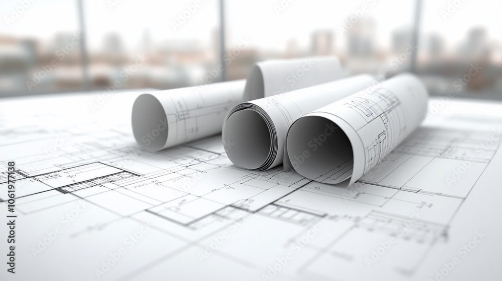 Poster Three rolled-up blueprints on a table with a cityscape view through a window.