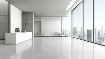 Fototapeta premium Modern office interior with large windows and minimalist design.
