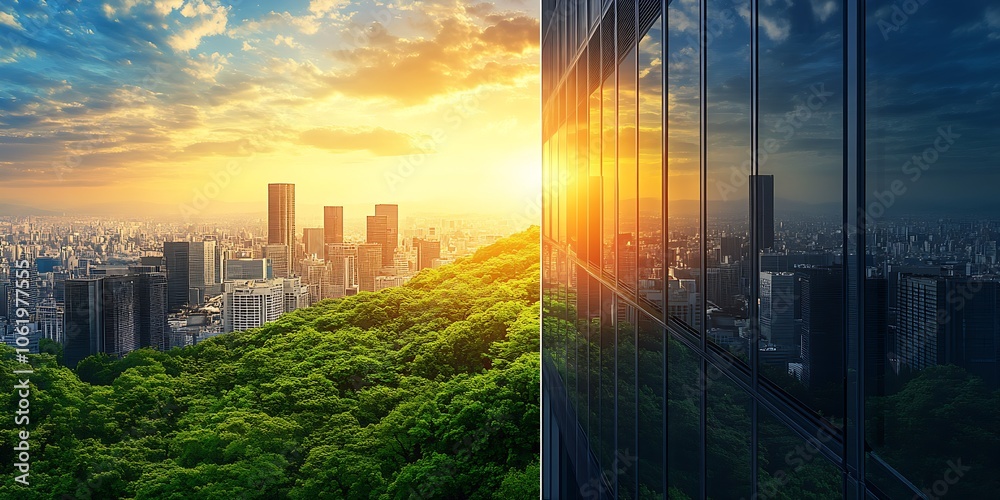 Poster vibrant metropolis skyline at sunset with contrasting natural greenery and urban architecture : gene