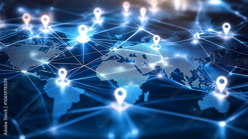 Poster Global Network Map with Pinned Locations Illuminating Digital World Connectivity : Generative AI