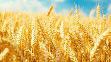 Fototapeta premium A golden wheat field under a blue sky, symbolizing agriculture and harvest.