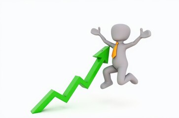 3d man red arrow success chart on white background.